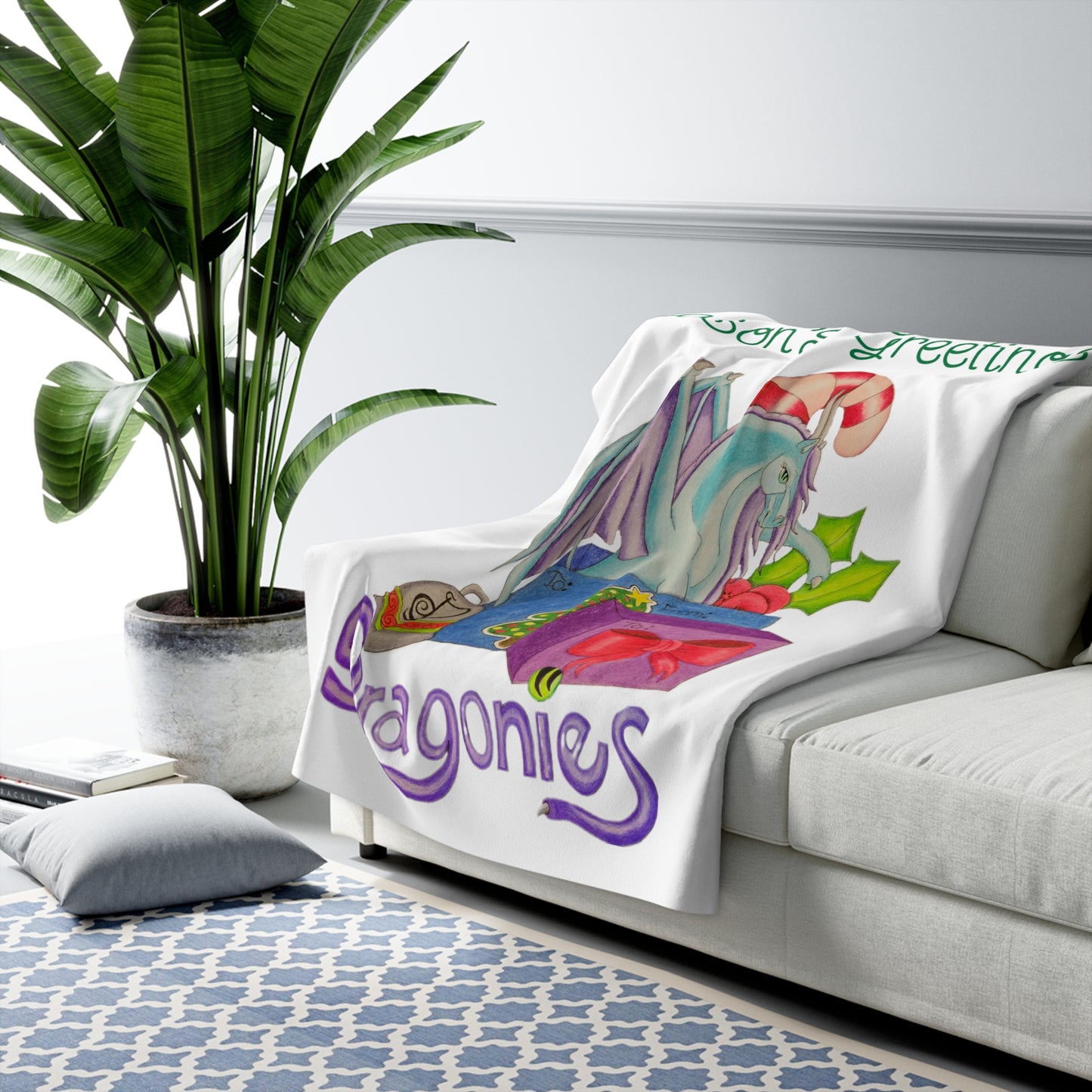 Dragonies Holiday Cozy Sherpa Fleece Blanket with Dragon Design, Perfect for Holidays, Gift for Dragon Lovers, Christmas Decor, Seasonal Comfort, Home
