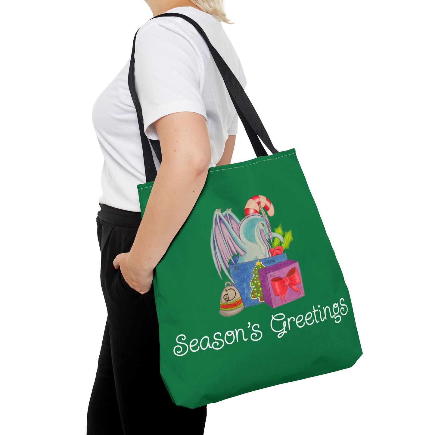 Season's Greetings Dragonies Tote Bag, Holiday Bag, Christmas Gift, Festive Shopper, Eco-friendly Reusable Bag