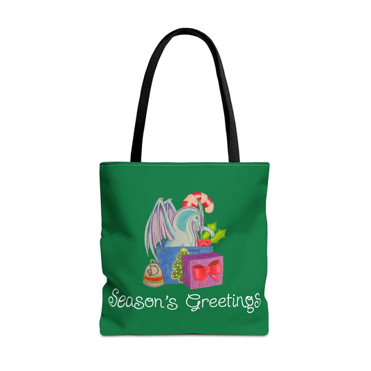 Season's Greetings Dragonies Tote Bag, Holiday Bag, Christmas Gift, Festive Shopper, Eco-friendly Reusable Bag